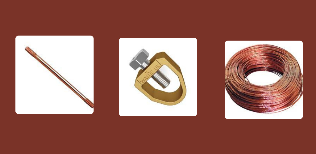 SHOWING EARTHING MATERIALS LIKE EARTH ROD,EARTH WIRE AND EARTH CLAMP